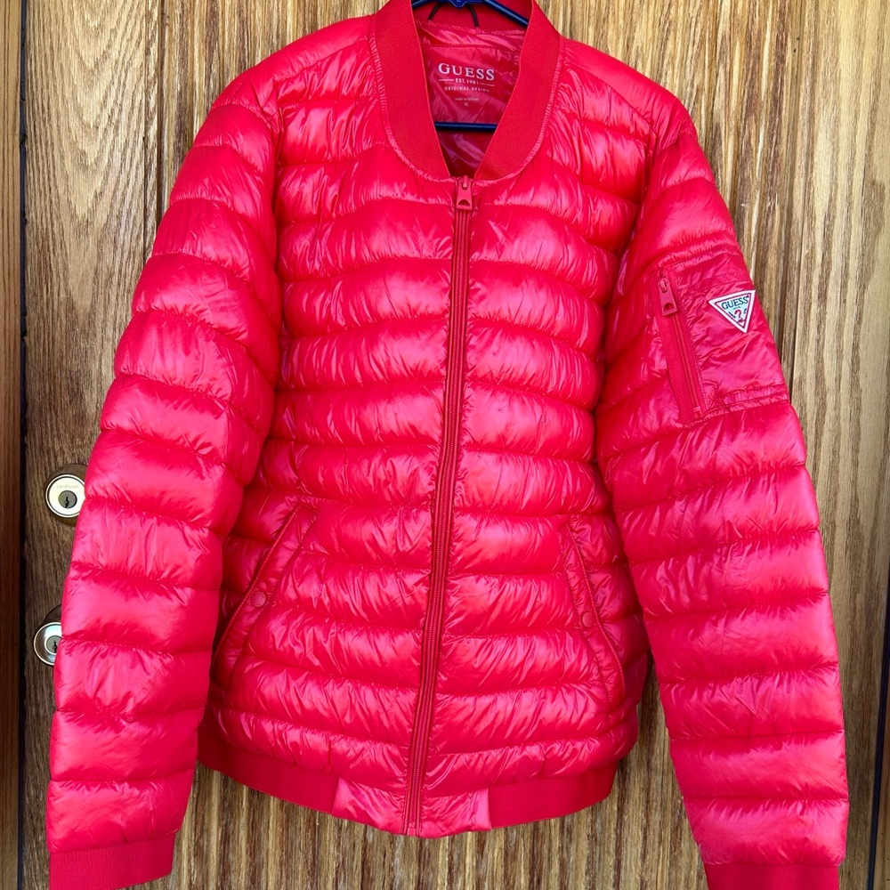 Guess Bold Red Light Weight Quilted Bomber Jacket